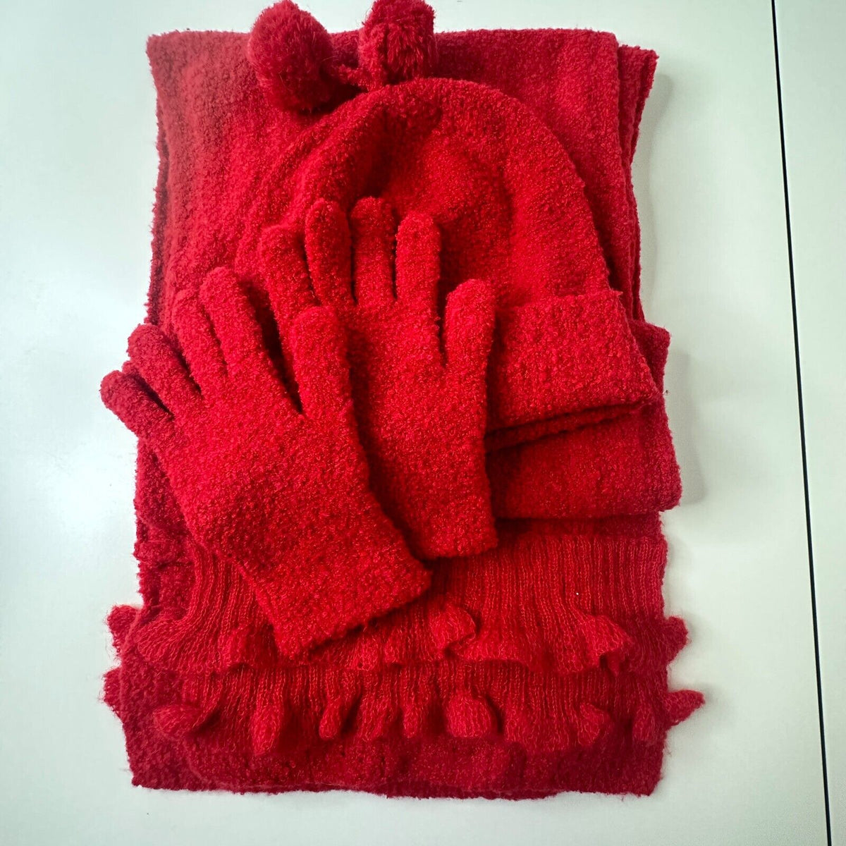 NWOT Moda Intl Cute Red Ribbed Winter Hat Scarf and Gloves Set Pom Poms OS