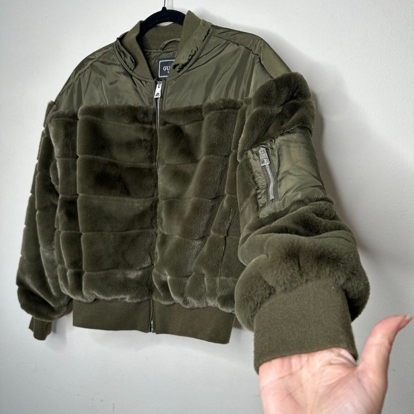 NWOT Guess Felicia Super Soft Olive Green Faux Fur Bomber Jacket Side Pockets XS