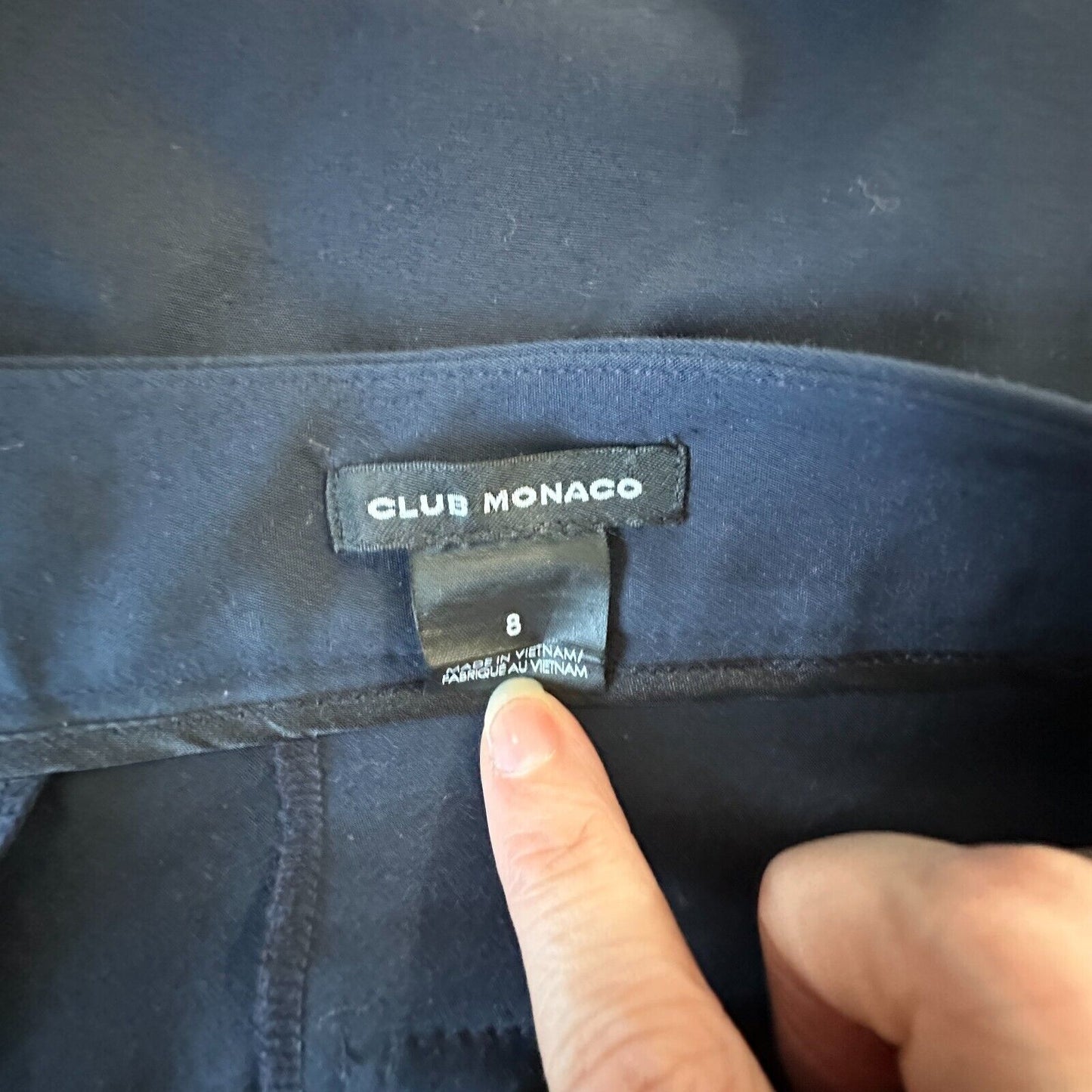 Club Monaco Navy Blue Straight Leg Leather-Lined Zip Pocket AnkleTrouser Pant 8