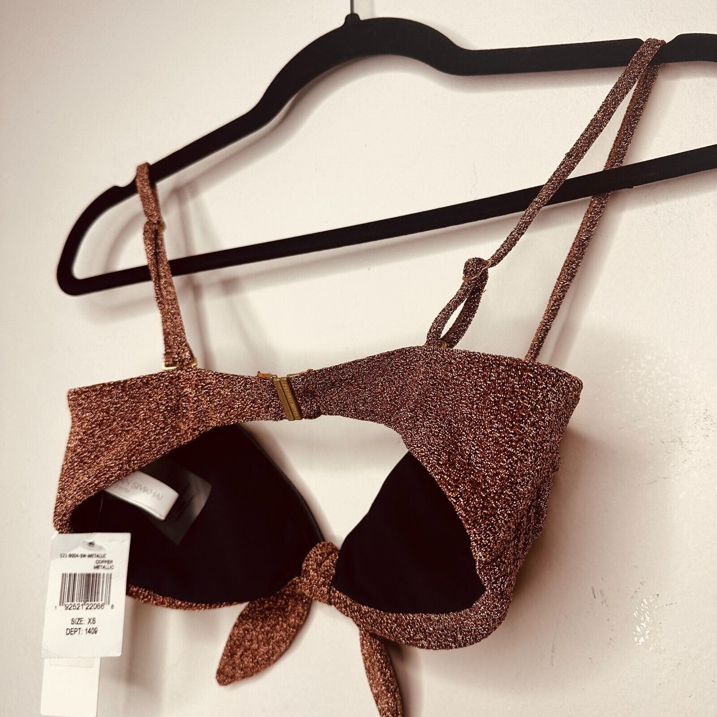 NWT Jonathan Simkhai Katrine Copper Shimmer Bikini Top Tie-Front Bandeau XS