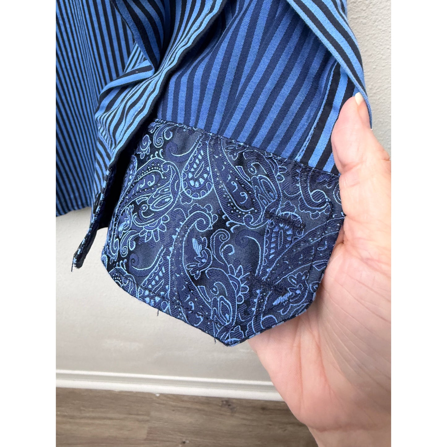 English Laundry Blue Black Stripe Button Front Shirt Mens L