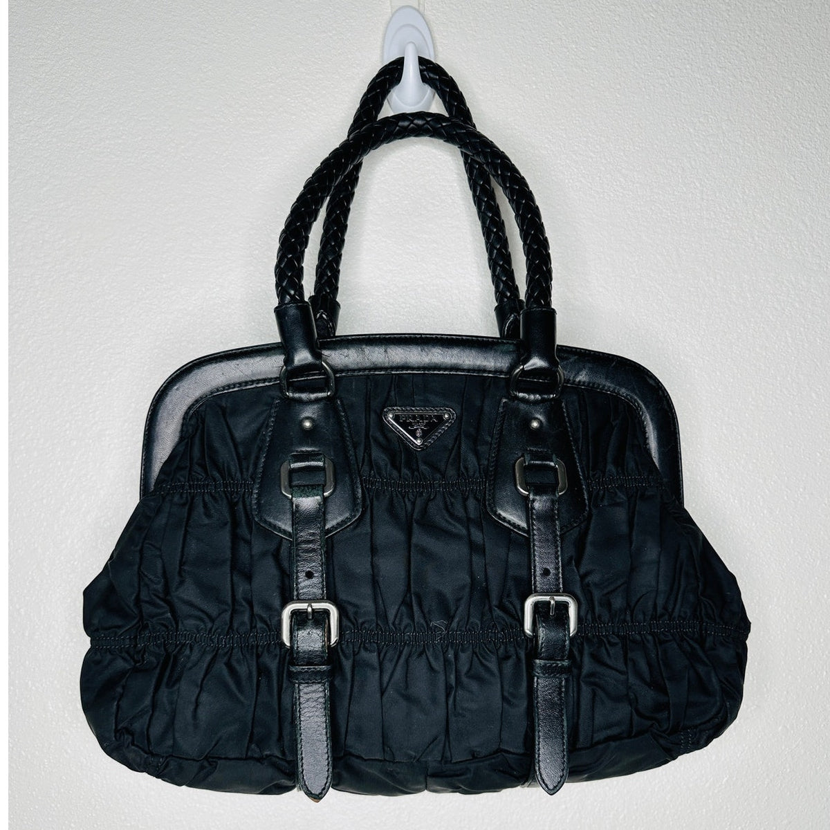 Prada Vintage 90s Black Nylon & Leather Buckle Braided Handle Purse