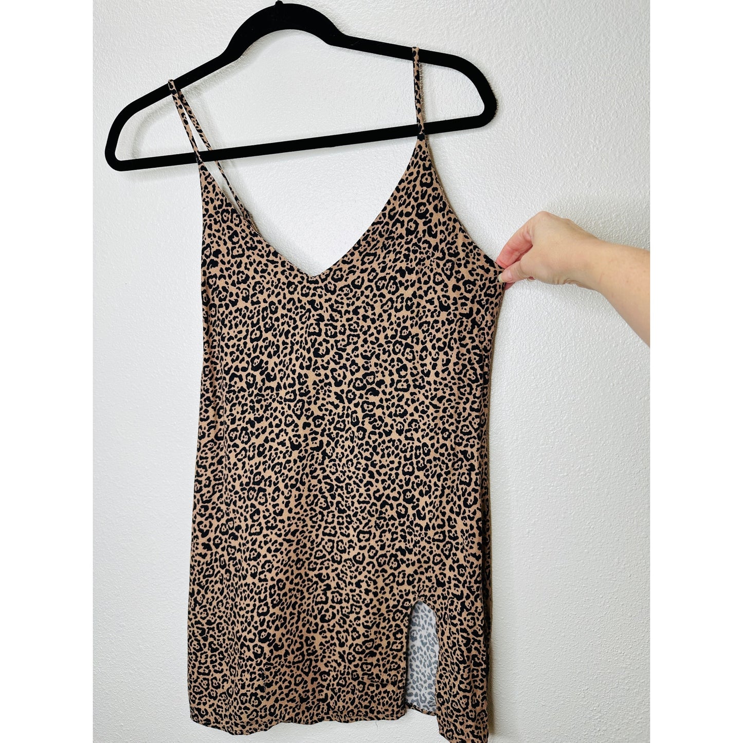 Reformation Marlowe Black Tan Leopard Print Mini Front Slit Dress XS