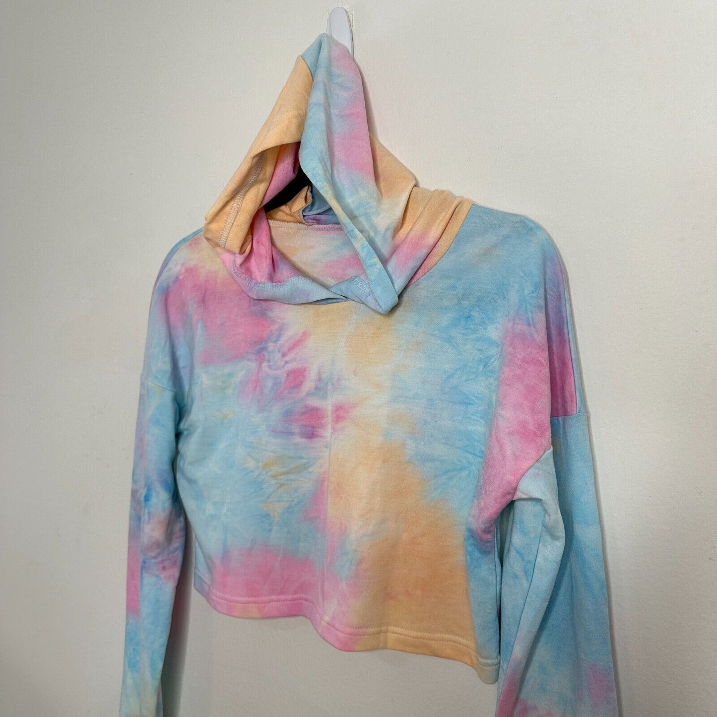 Lightweight Pale Pink Blue Tie Dye Drop Shoulder Long Sleeve Crop Hoodie Small