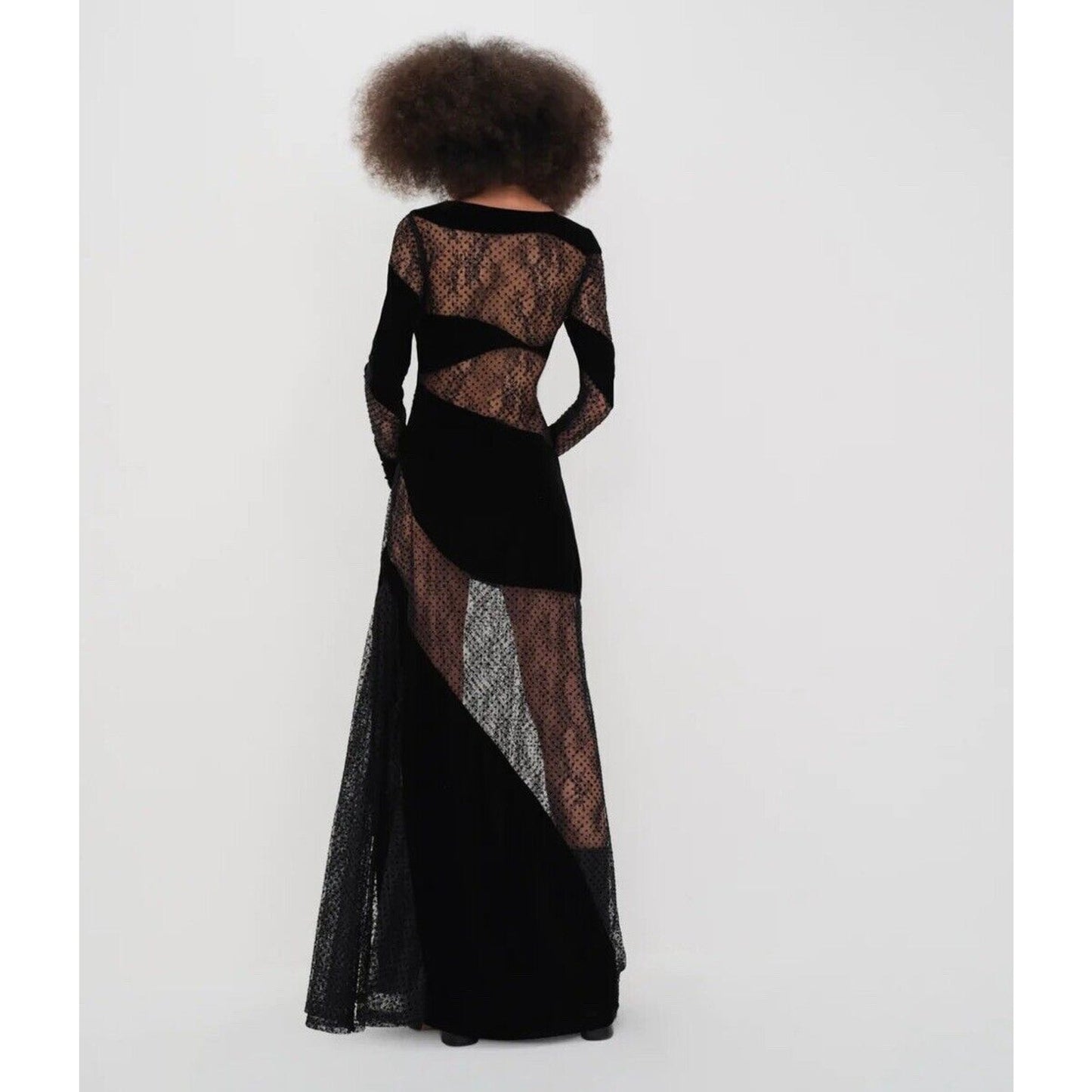 For Love & Lemons Carolyn Sheer Black Velvet Wavy-Flock Dot Lace Panel Dress XS