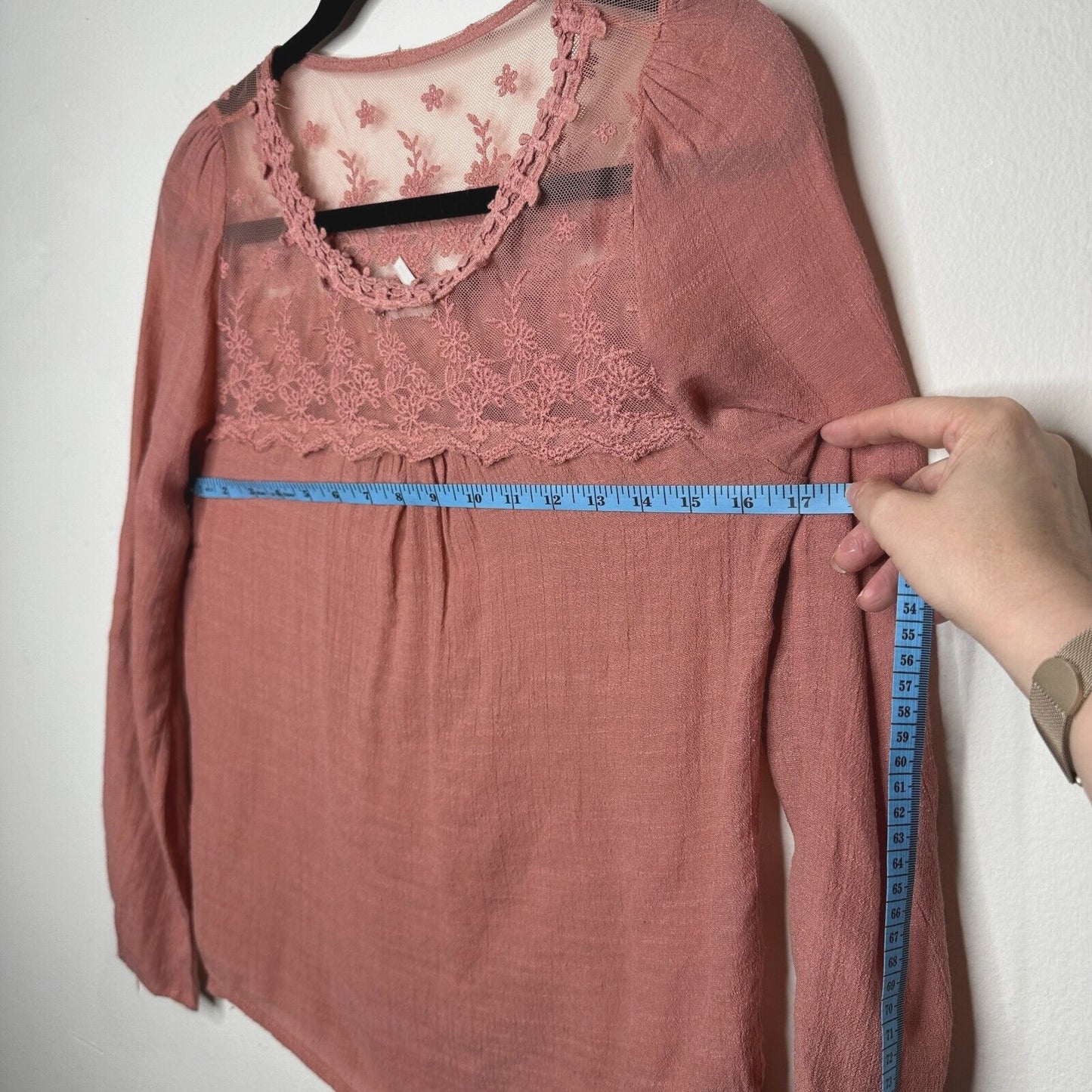 Blu Pepper Pink Apricot Floral Lace Bodice Blouse Long Sleeve Roll Tab Sleeve S