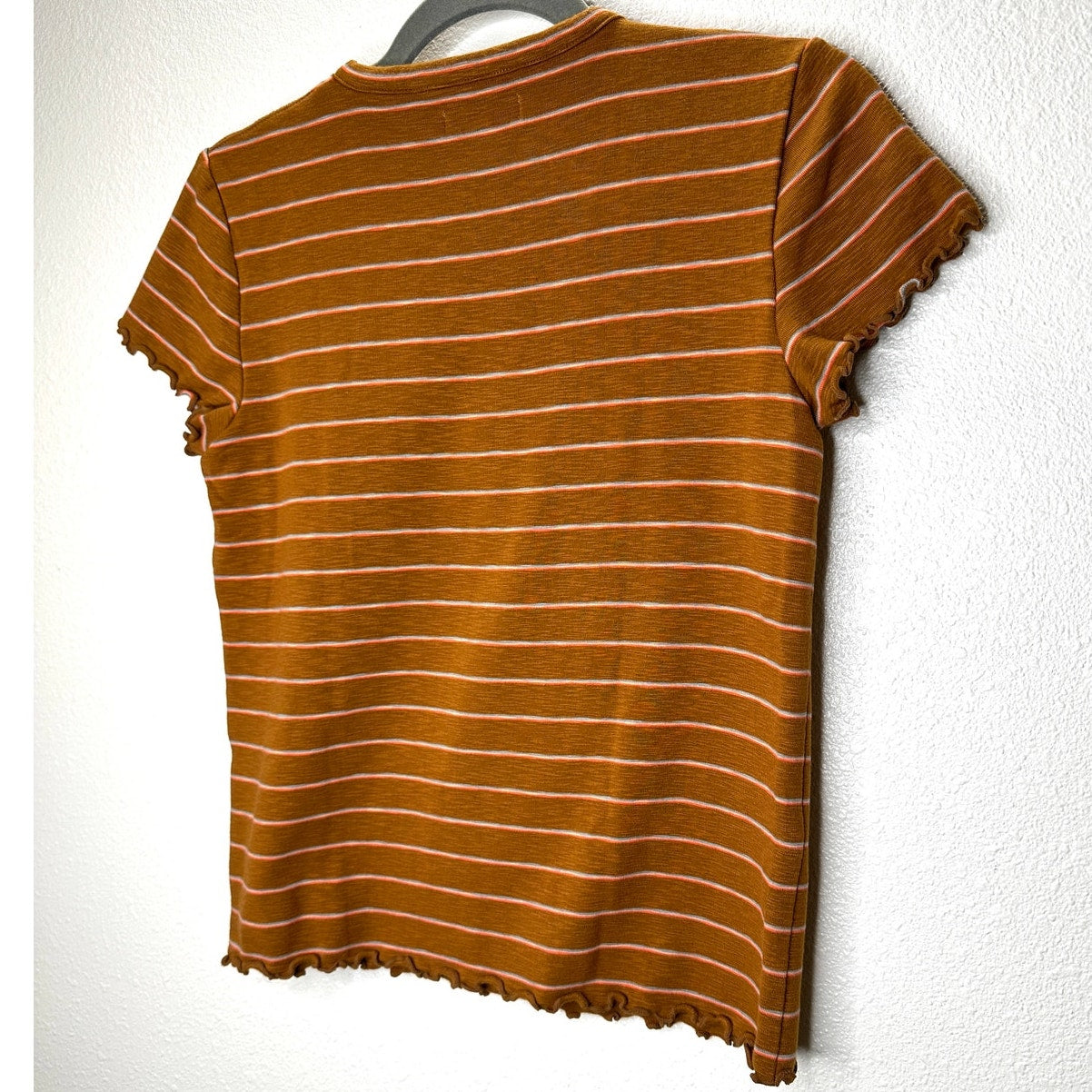 Madewell Rust Brown Peach Blue Stripe Short Sleeve Lettuce Hem Shirt M