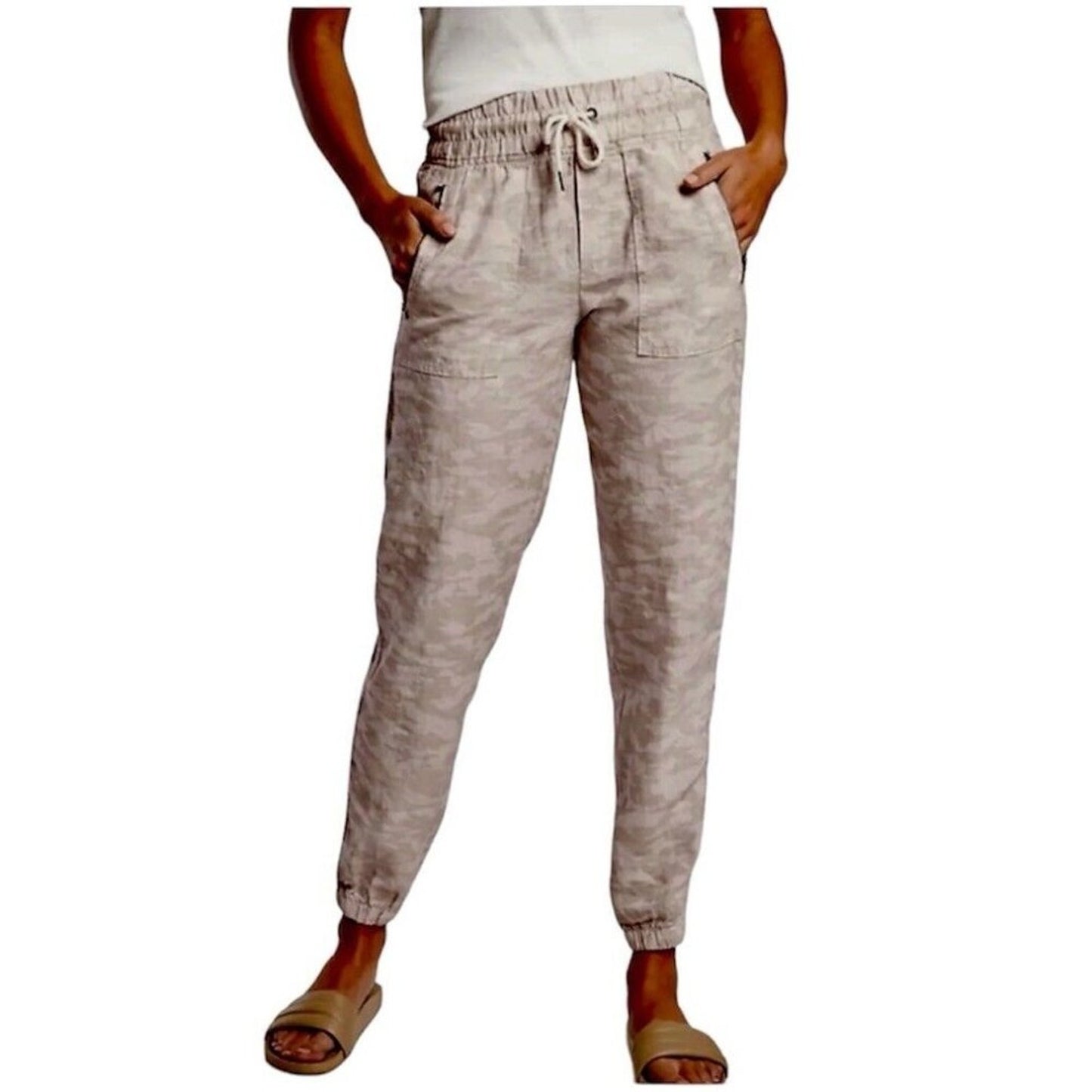 Athleta Cream & Tan Camo Cabo Print Tied Linen Jogger Pant Zip Front Pockets 4
