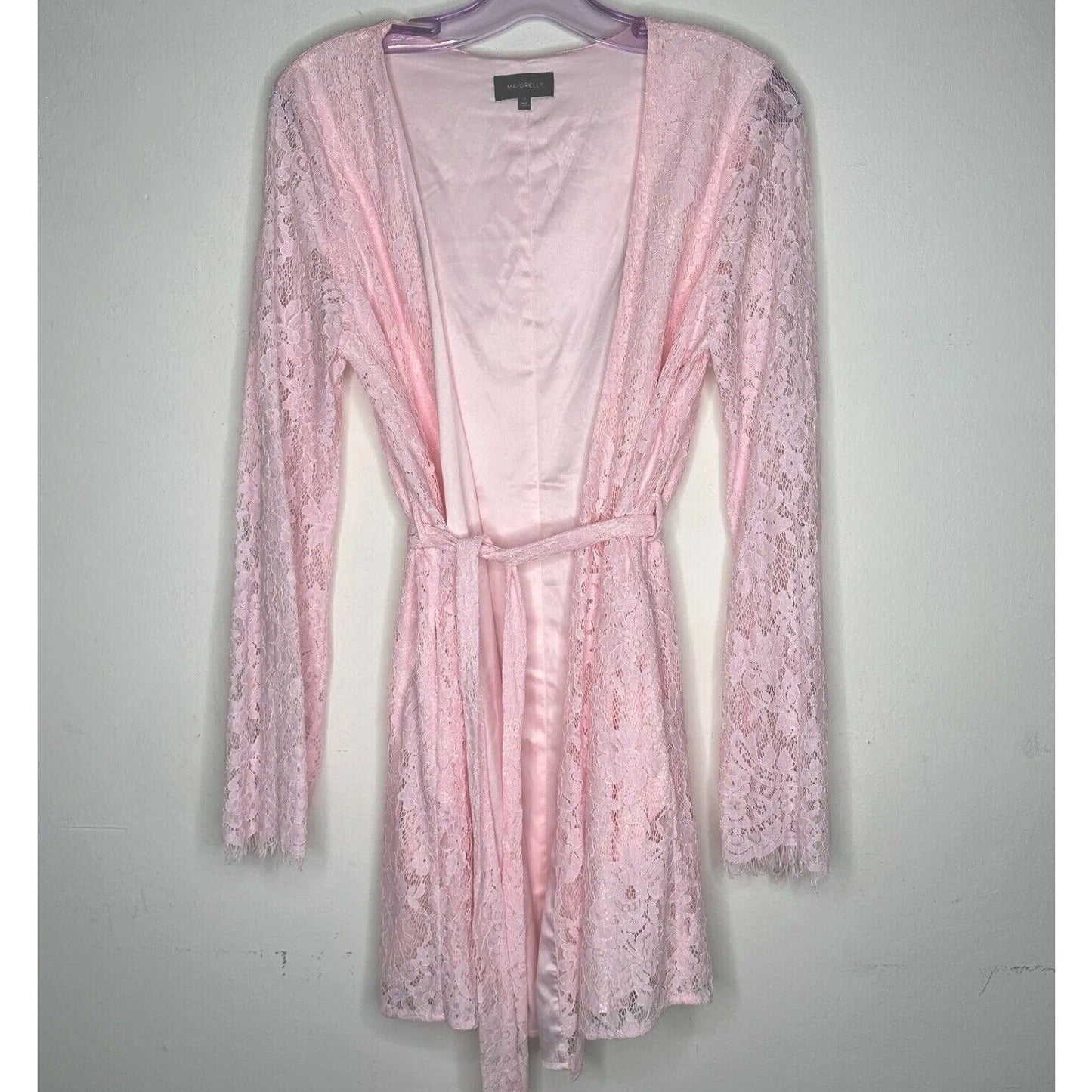 Marjorelle Pale Pink Lace Long Sleeve Tie Waist Kimono Wrap Mini Dress Robe M