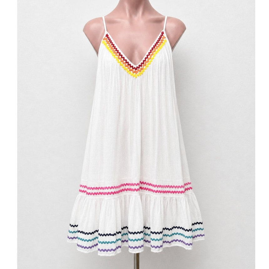 9 Seed St Tropez Cute Rainbow Zig Zag Trim Flowy VNeck Mini Pleated Sun Dress OS