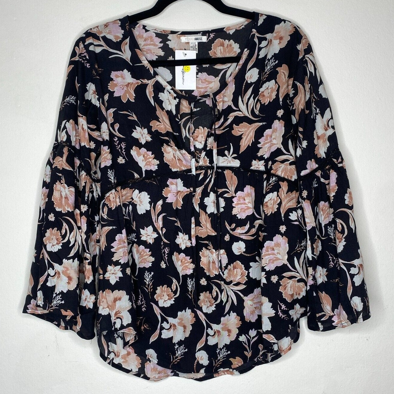 NWT Amuse Society Black Peach Pink Floral Long Bell Sleeve VNeck Boho Blouse SM