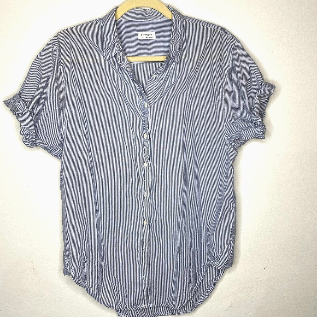 Aritzia Community Blue and White Pin Stripe The Jane Short Sleeve Button Shirt