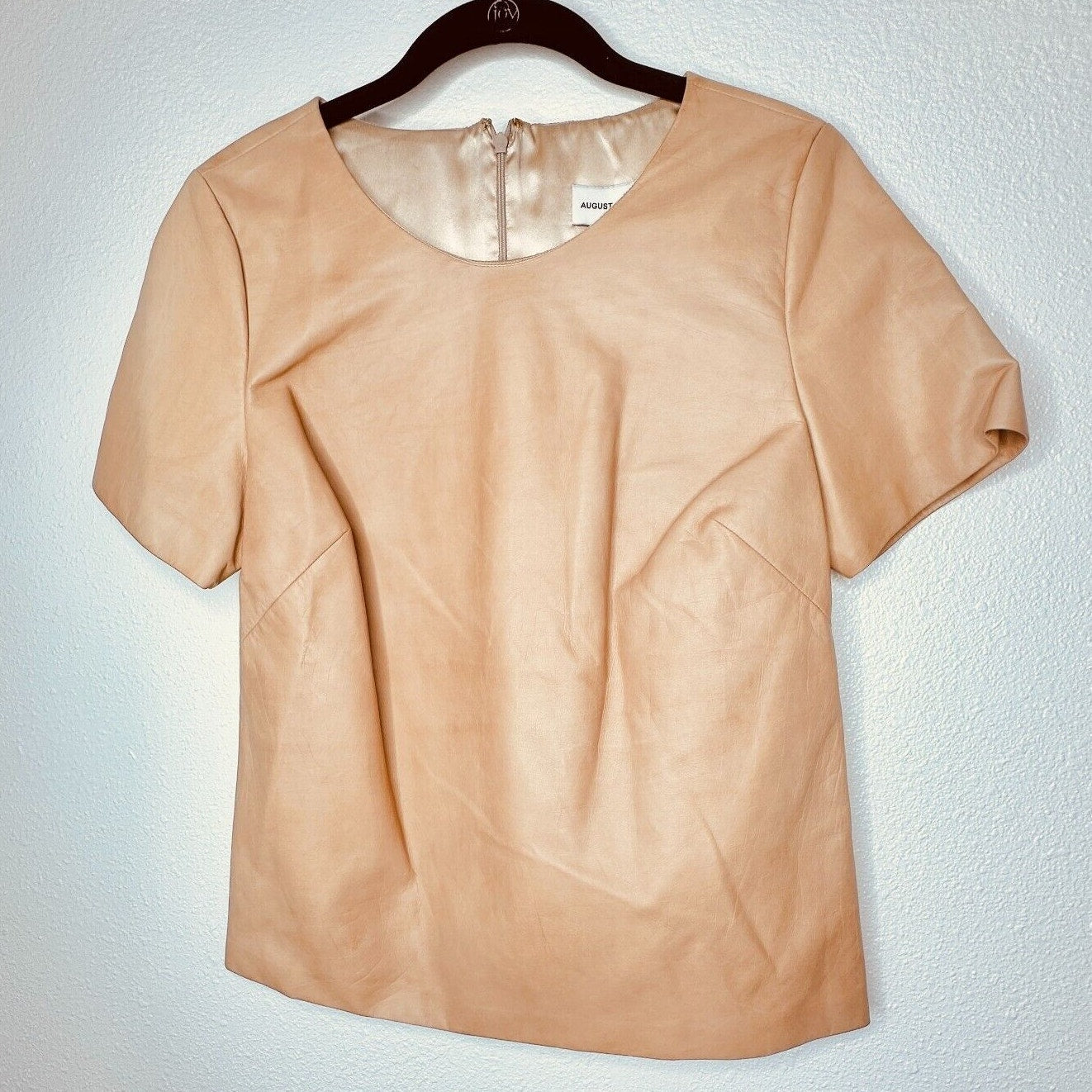 RARE August Getty Tan Leather Short Sleeve Round Neck Back Zip Silk Lining Top 4