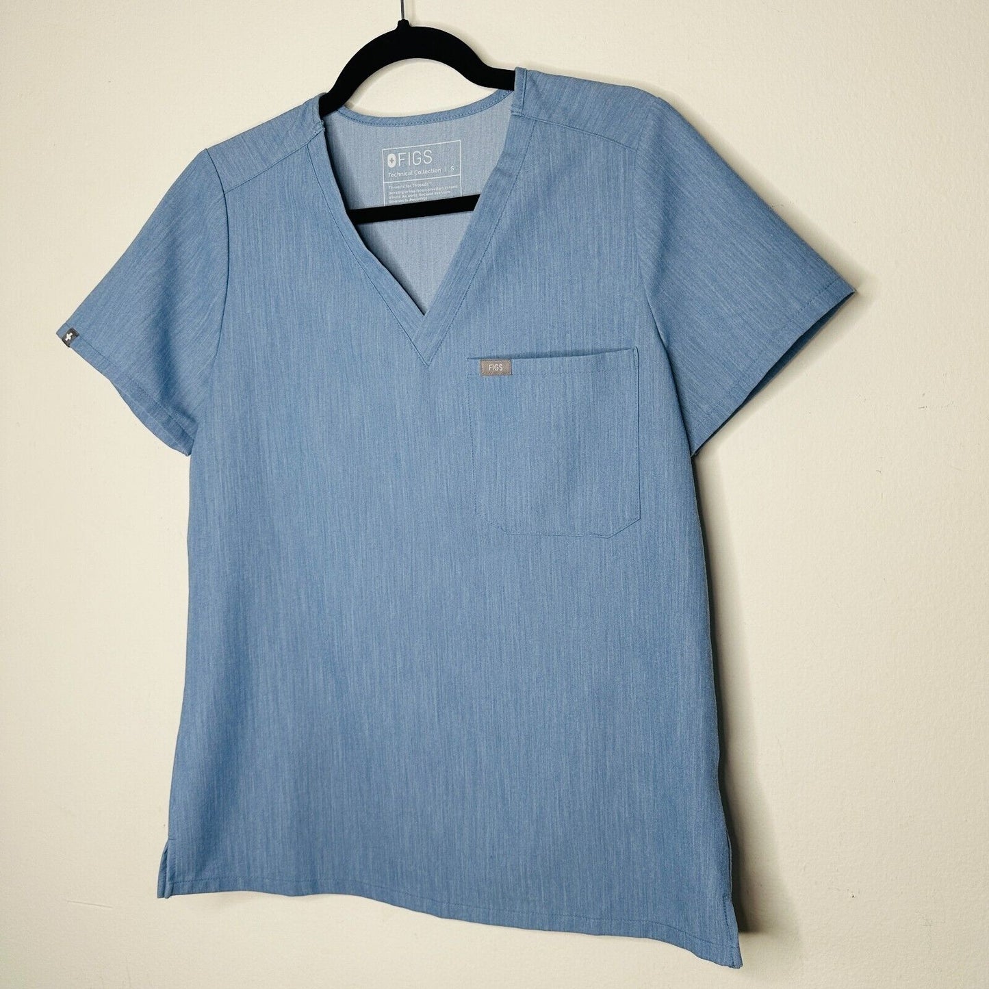 Figs Denim Blue Catarina VNeck Split Hem Short Sleeve Top S
