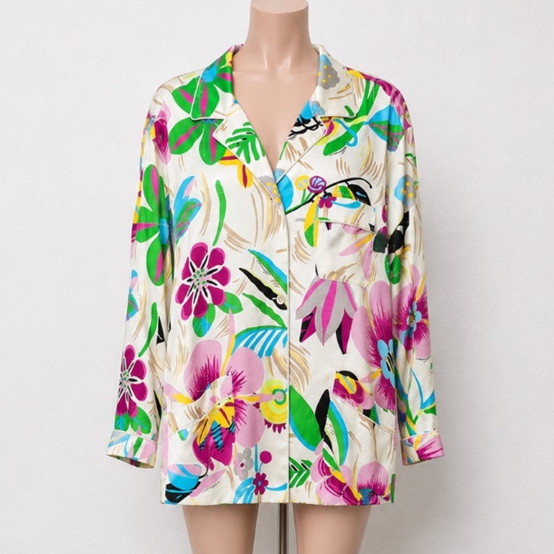 NWT Gucci Silk Tan Pink Blue Multi Floral Leaf Printed Blouse 46 / XL
