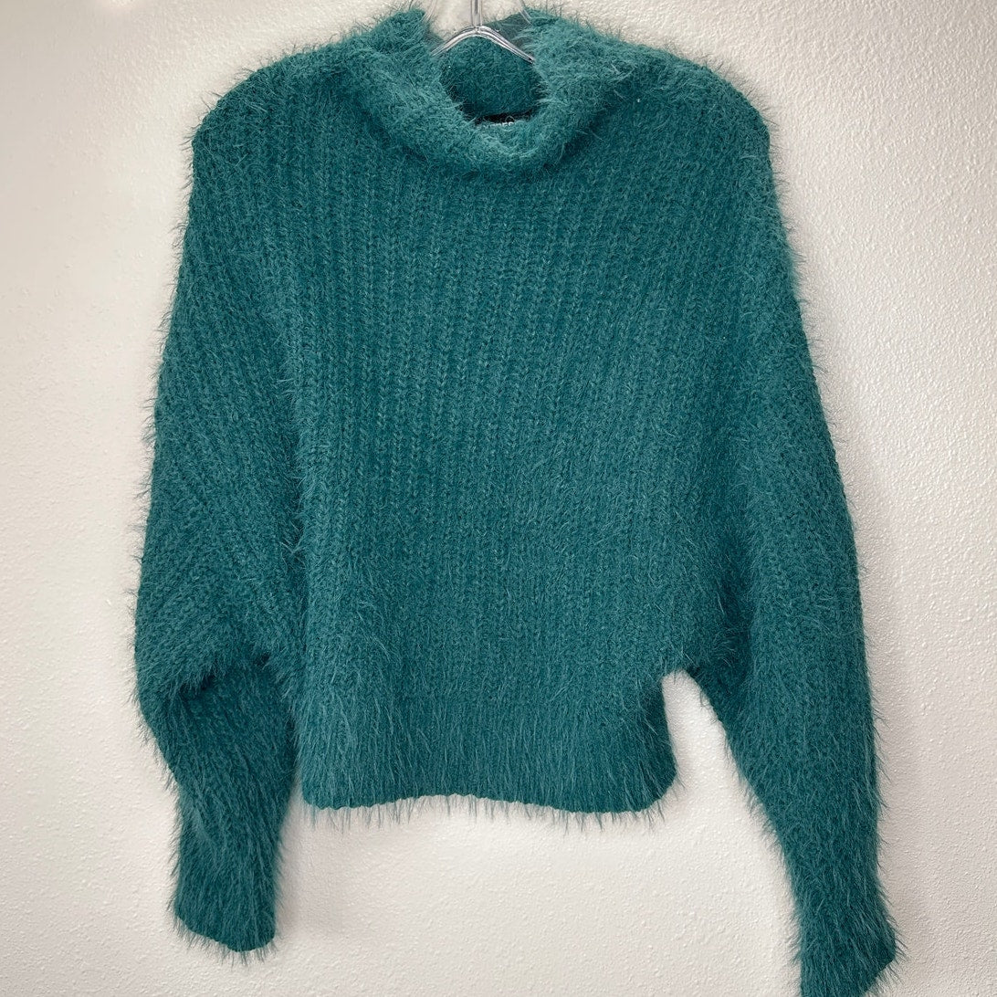 Express Green Fuzzy Long Sleeve Mock Neck Crop Sweater XS