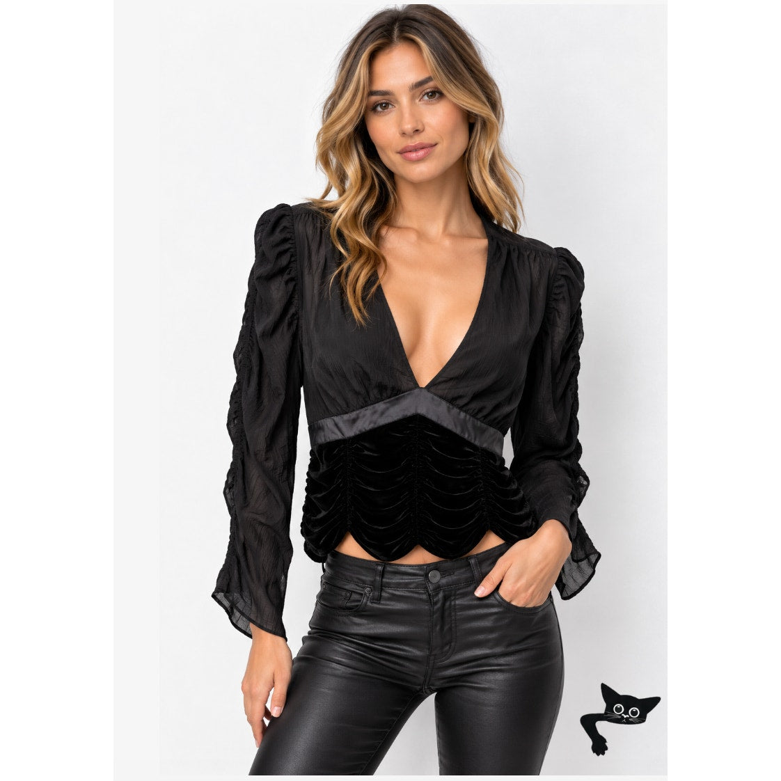 Catherine Malandrino Black Deep-V Gauze Satin Velvet Ruched 3/4 Sleeve Blouse S