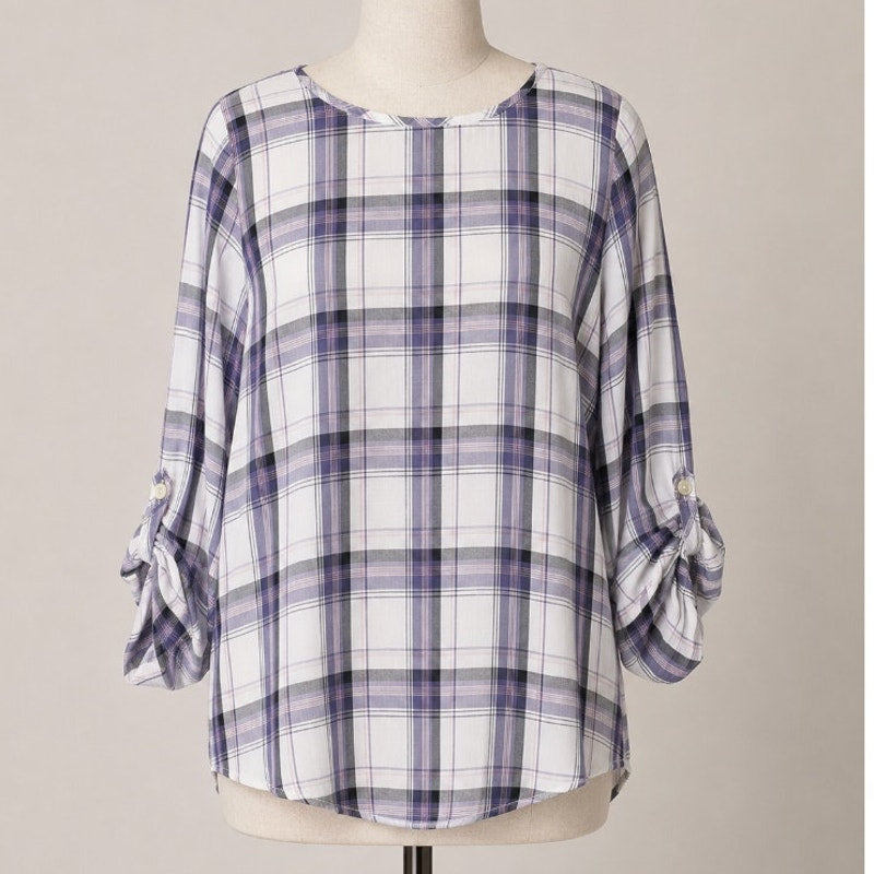Loft Lavender Plaid Flowy Roll-Tab Sleeve Shirred Back Keyhole Button Blouse SP