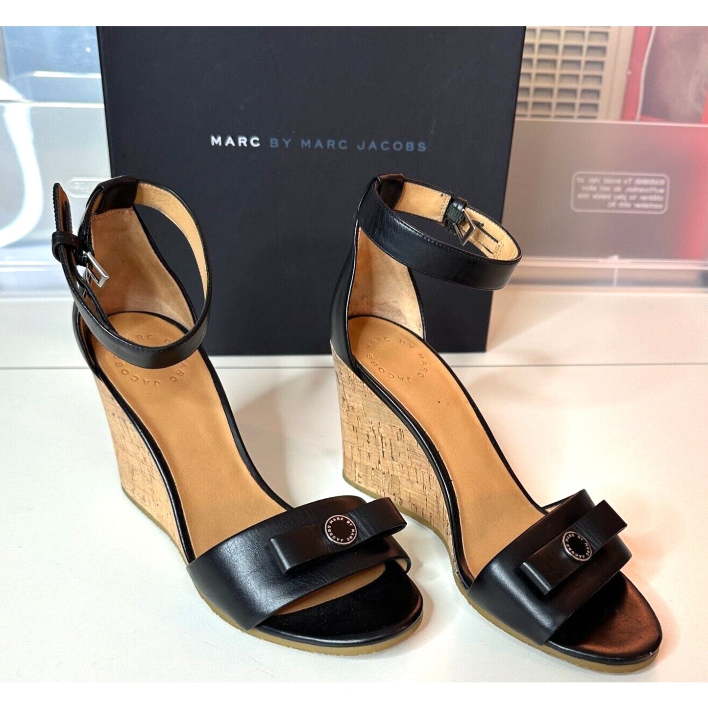 Marc by Marc Jacobs Black Leather & Cork Wedge Ankle Strap Sandals Silver 7.5