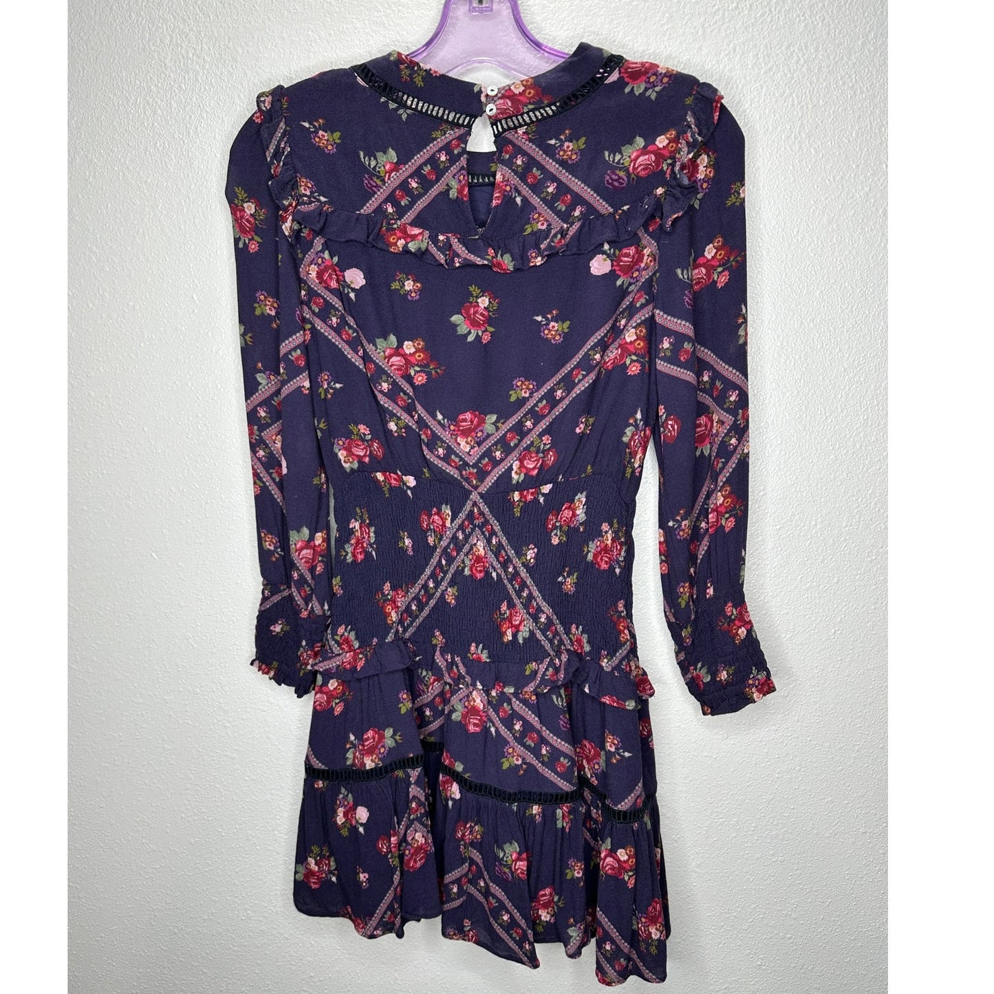 Rahi Cali Purple Multi Color Floral Print 3/4 Sleeve Ruffle Mini Dress XS