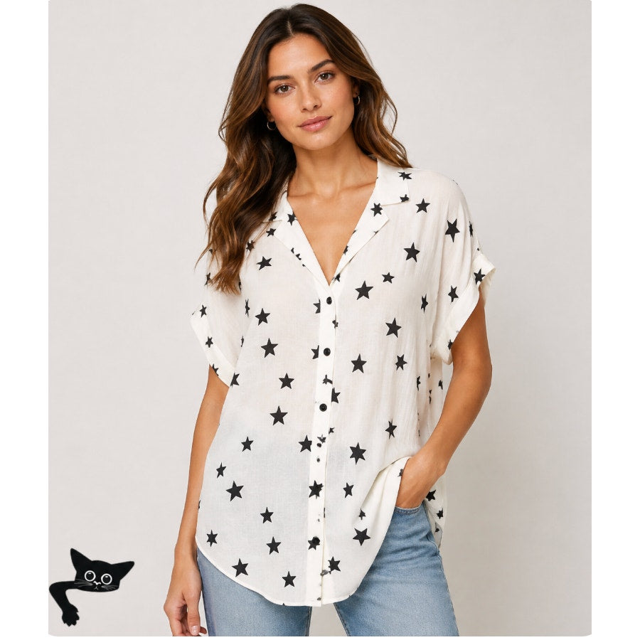 Ninivah Khomo Sheer Cream and Black Star Button Front Short Sleeve Tunic Top OS