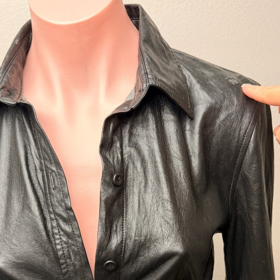 Aritzia Wilfred Caroline Black Vegan Leather Belted Shirt Dress Women's US XXS