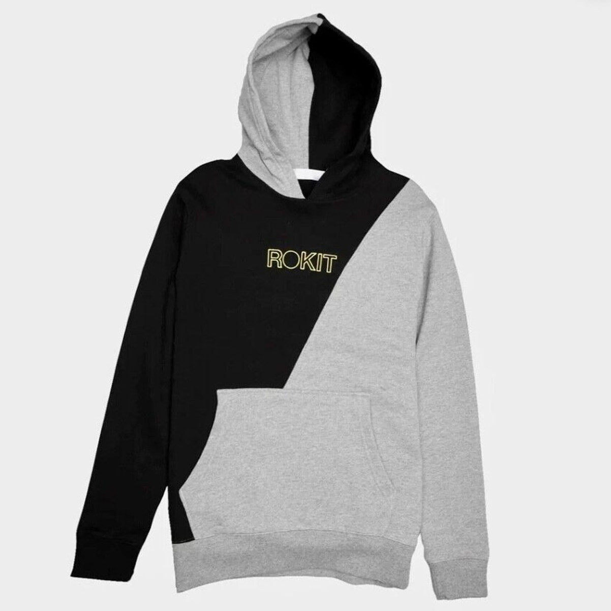 Rokit Split Cotton French Terry Hoodie Black Gray & Yellow Logo Sweatshirt L