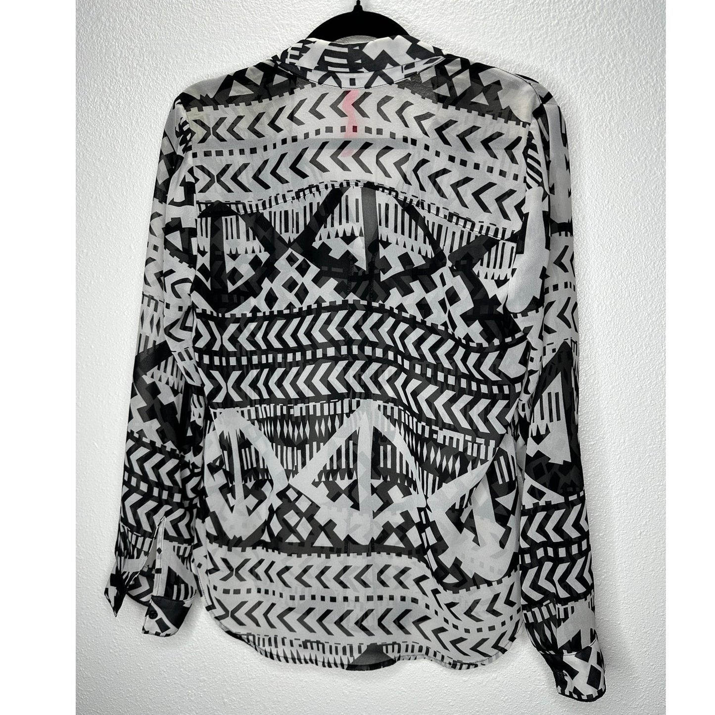 Eight Sixy Black & Gray Aztec Print Sheer Button Long Sleeve Blouse S