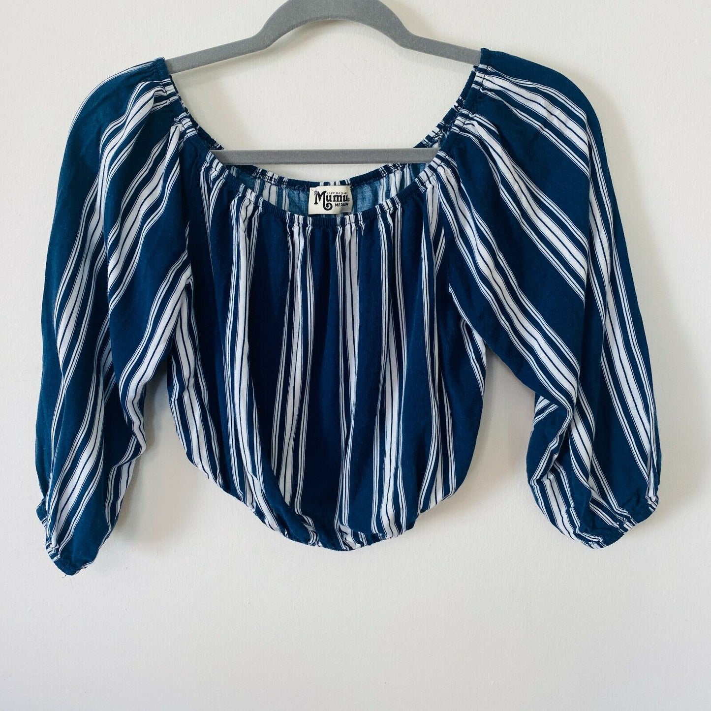 Show Me Your Mumu Revolve Lima Navy White Stripe Off Shoulder Crop Top Med