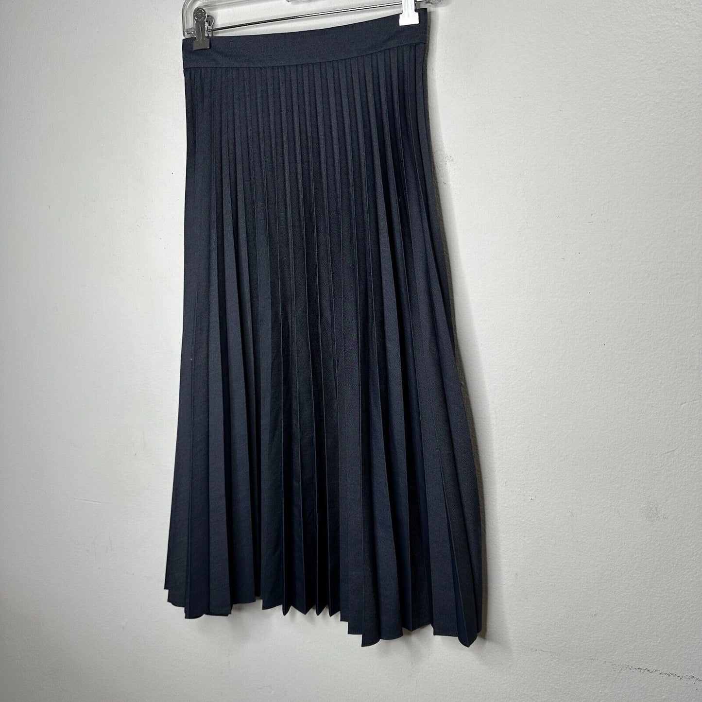 Zara Dark Blue Wash Box Pleated Denim Look Midi Skirt Waistband Side Zipper XS