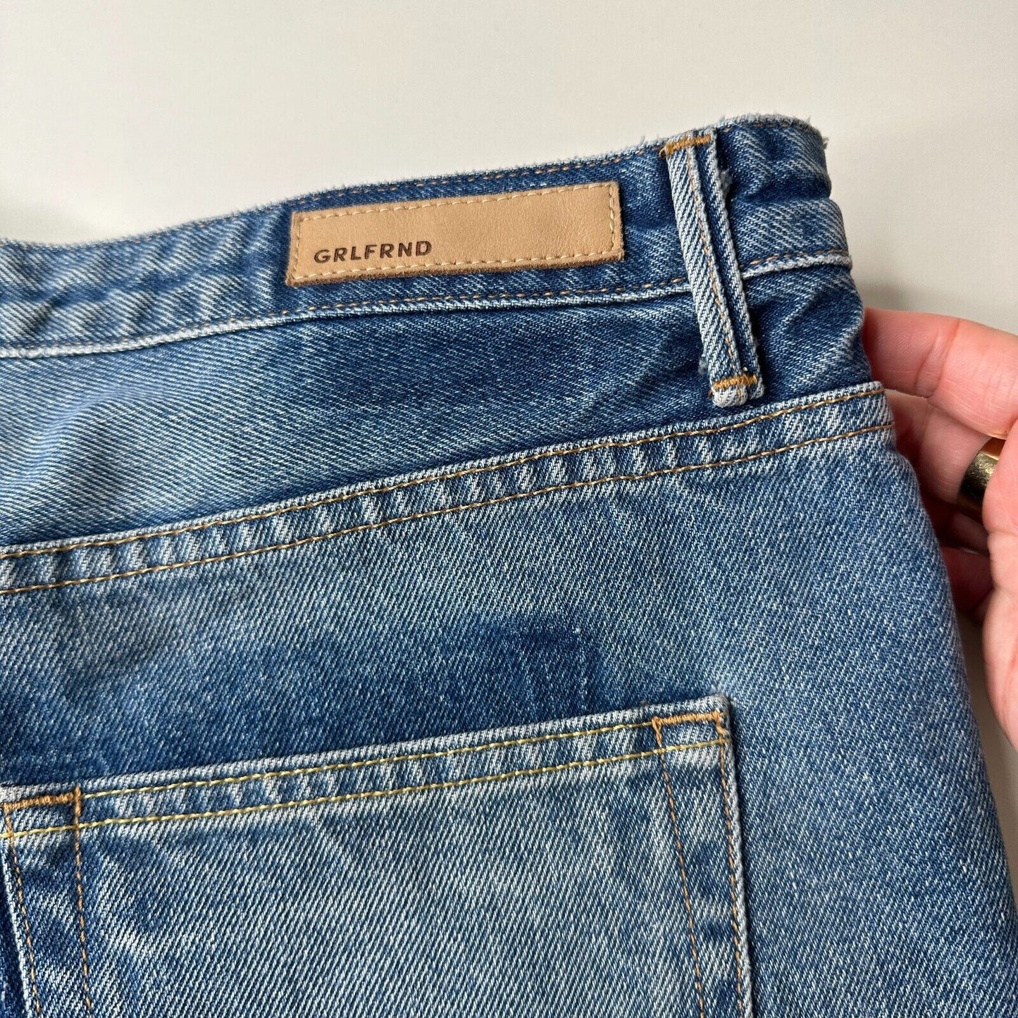 GRLFRND Cindy Button Fly High Rise Medium Blue Wash CutOff Jean Short Raw Hem 32
