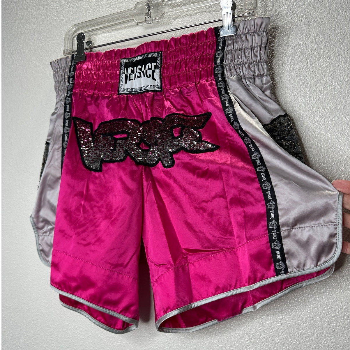 Versace Muay Thai Boxing Shorts Pink Silver Versace Medusa Patch 50 / L
