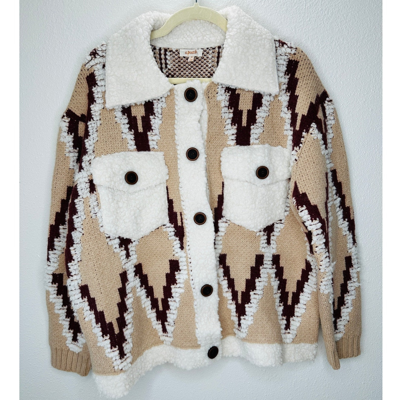 a. peach Tan Ivory Burgundy Southwest Print Button Collared Sweater Jacket S