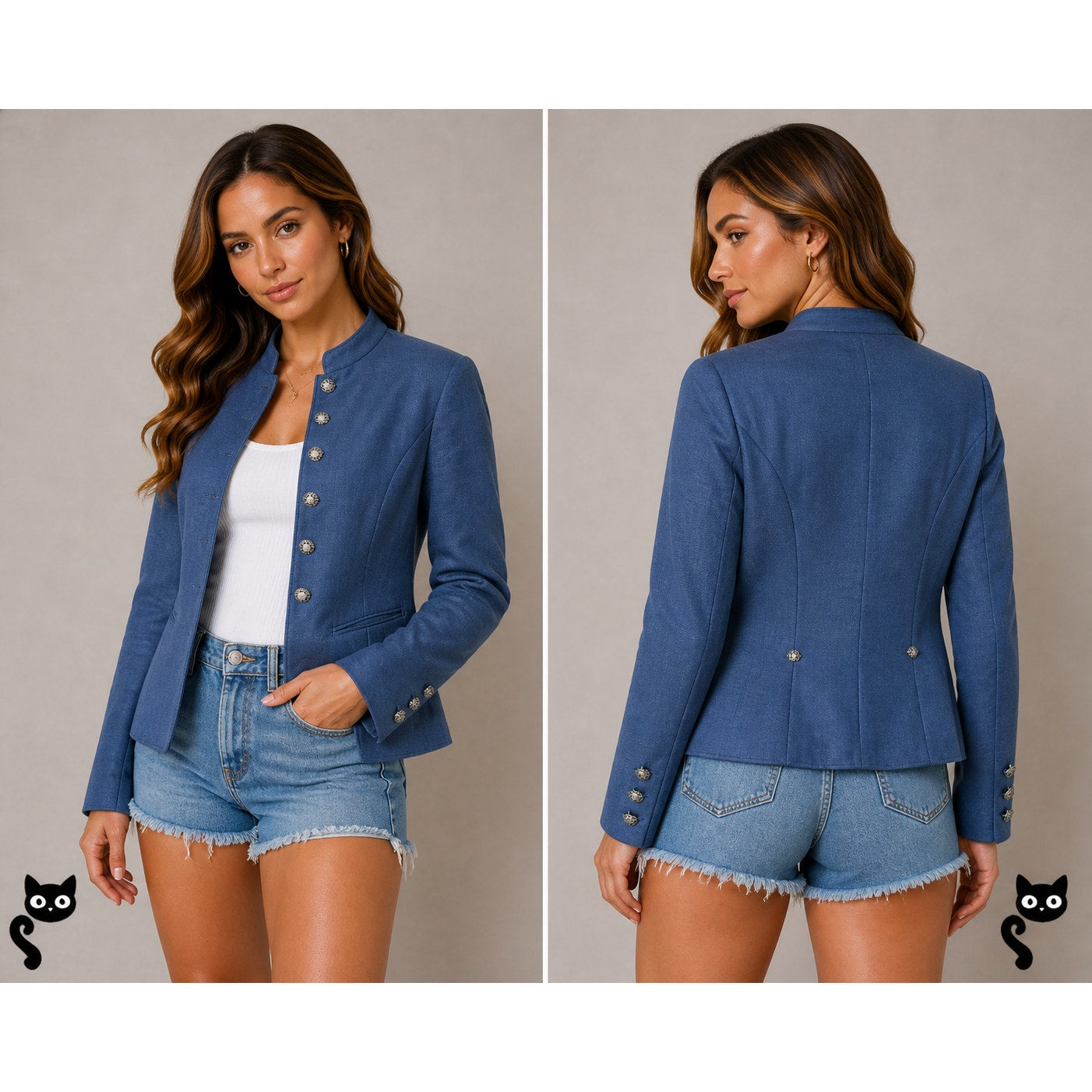 Loden Plankl Denim Blue Linen Band Neck Silver Floral Decorative Buttons Blazer Jacket