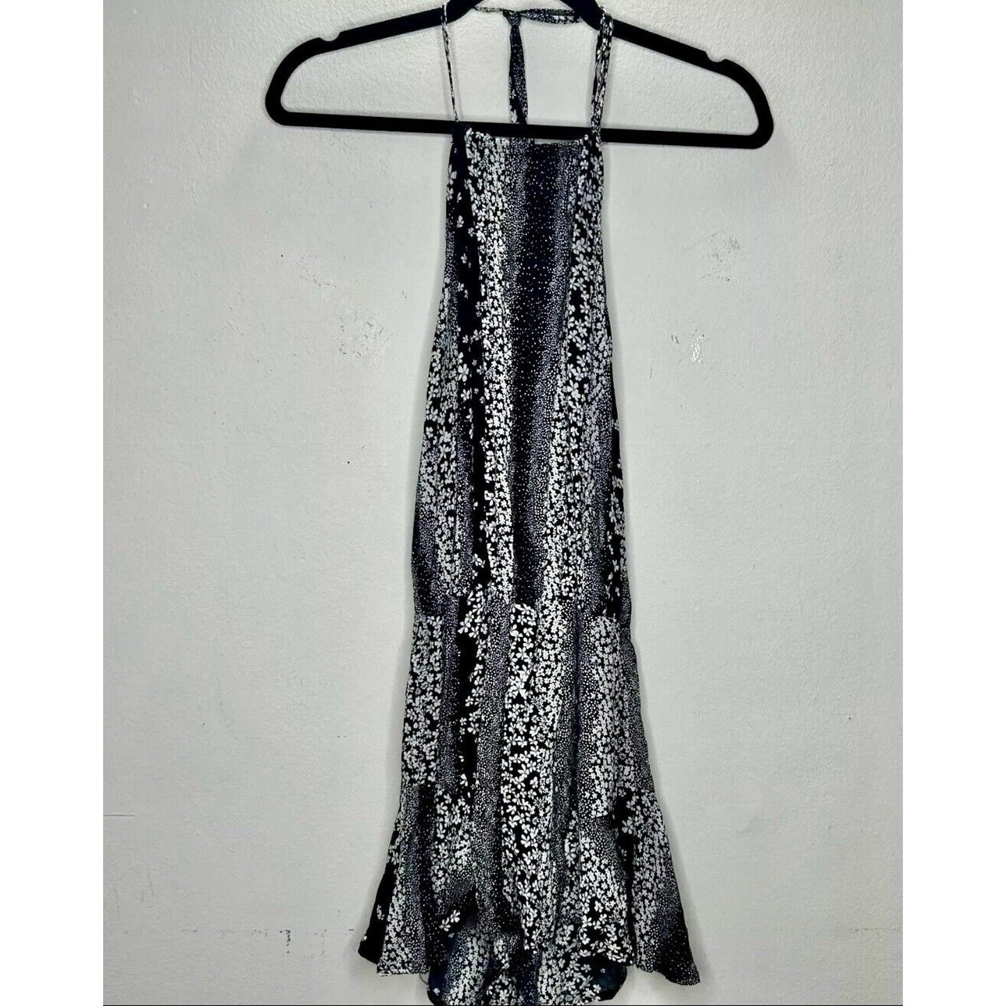 Olivaceous Black and White Floral Halter Tie Neck Open Back Flowy Romper Medium
