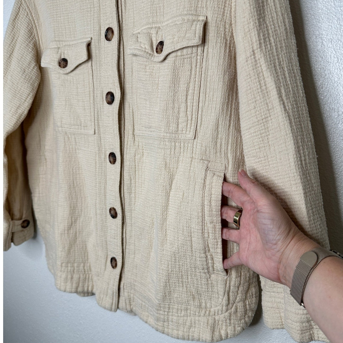 Madewell Oatmeal Long Sleeve Button Front Pocketed Waffle Pattern Shirt Jacket
