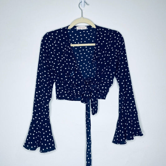 Revolve Eight Sixty Navy Cream Polka Dot Wrap Front-V Bell Sleeve Crop Top SM