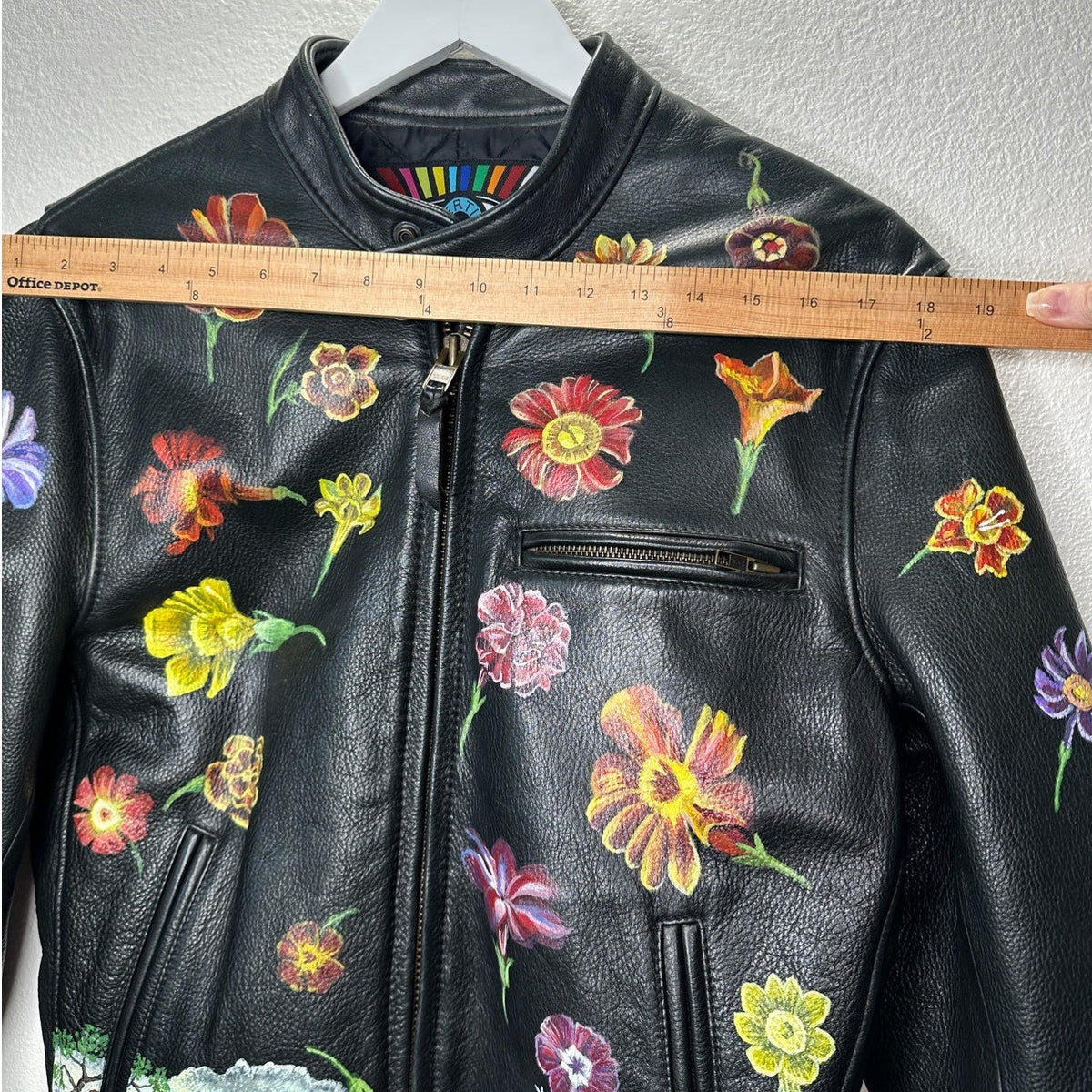 Libertine Hand-Painted Floral Skull Black Leather Moto Jacket M