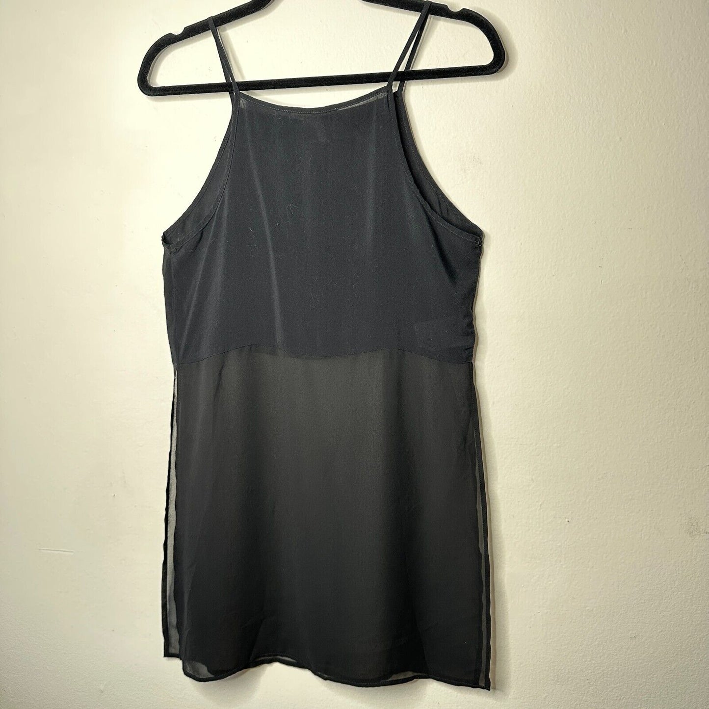 BCBGeneration Jet Black Sheer Side-Slit Lined Spaghetti Strap Crop Tank Cami SM