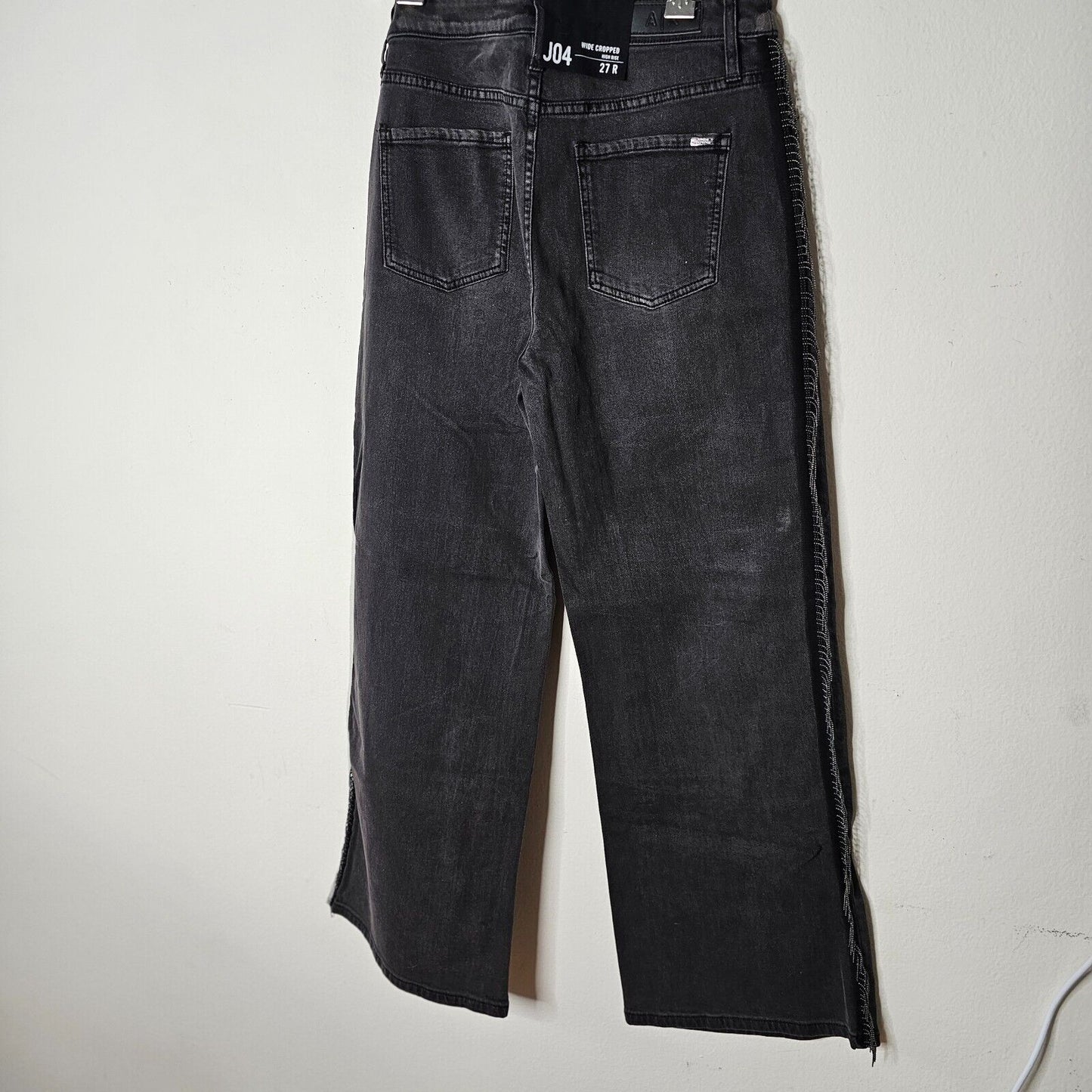 NWOT Armani Exchange Dark Gray J04 Wide Cropped Silver Beaded Fringe Jeans 27R