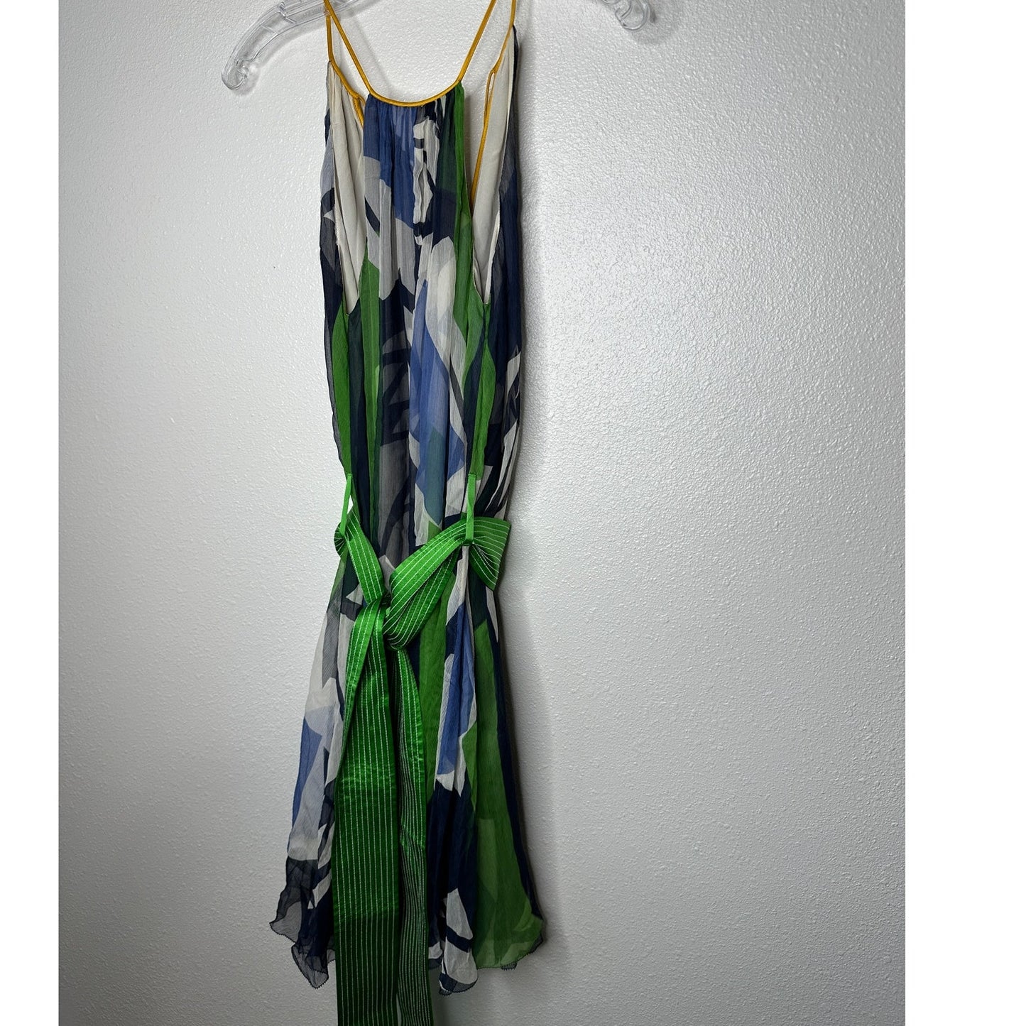 Catherine Malandrino Blue Green Cream Sleeveless Silk Tie Dress 6