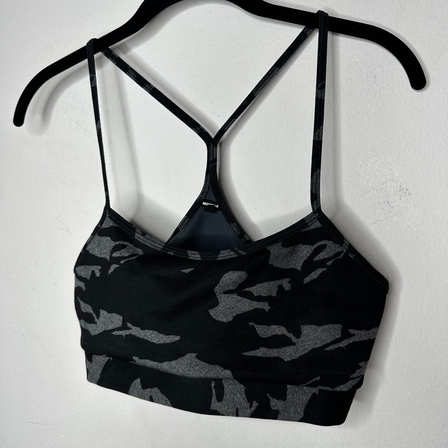 Monroe Black & Gray Camo Print Spaghetti Strap Scoop Racer T-back Sports Bra S