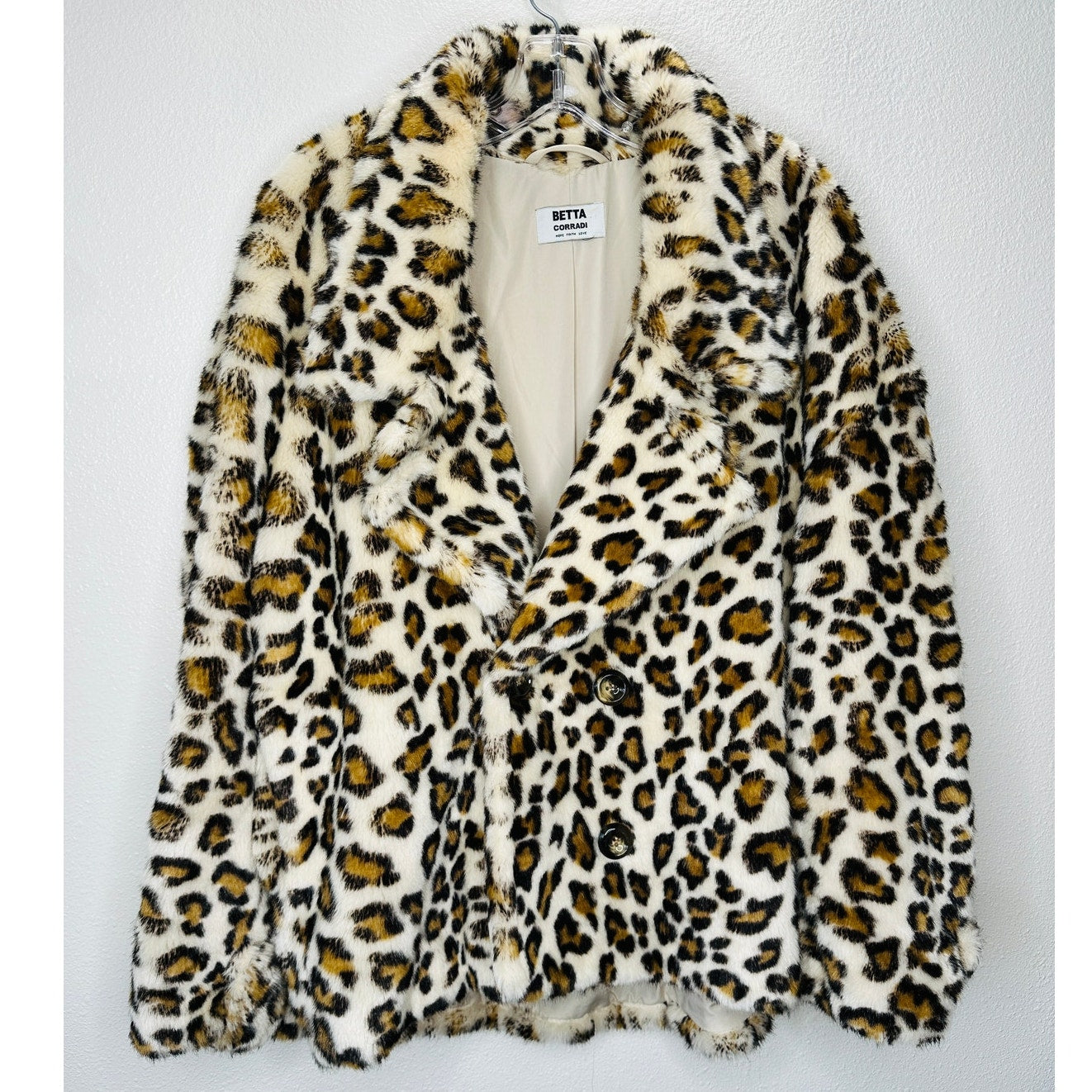 Betta Corradi Cream Brown Black Leopard Print Fuzzy Double Breasted Jacket