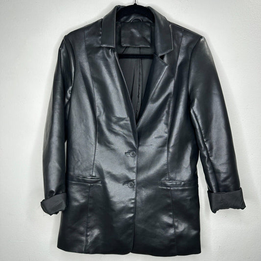 Black Leatherette 2-Button Narrow Lapel Welt Pockets Button Sleeve Blazer Medium