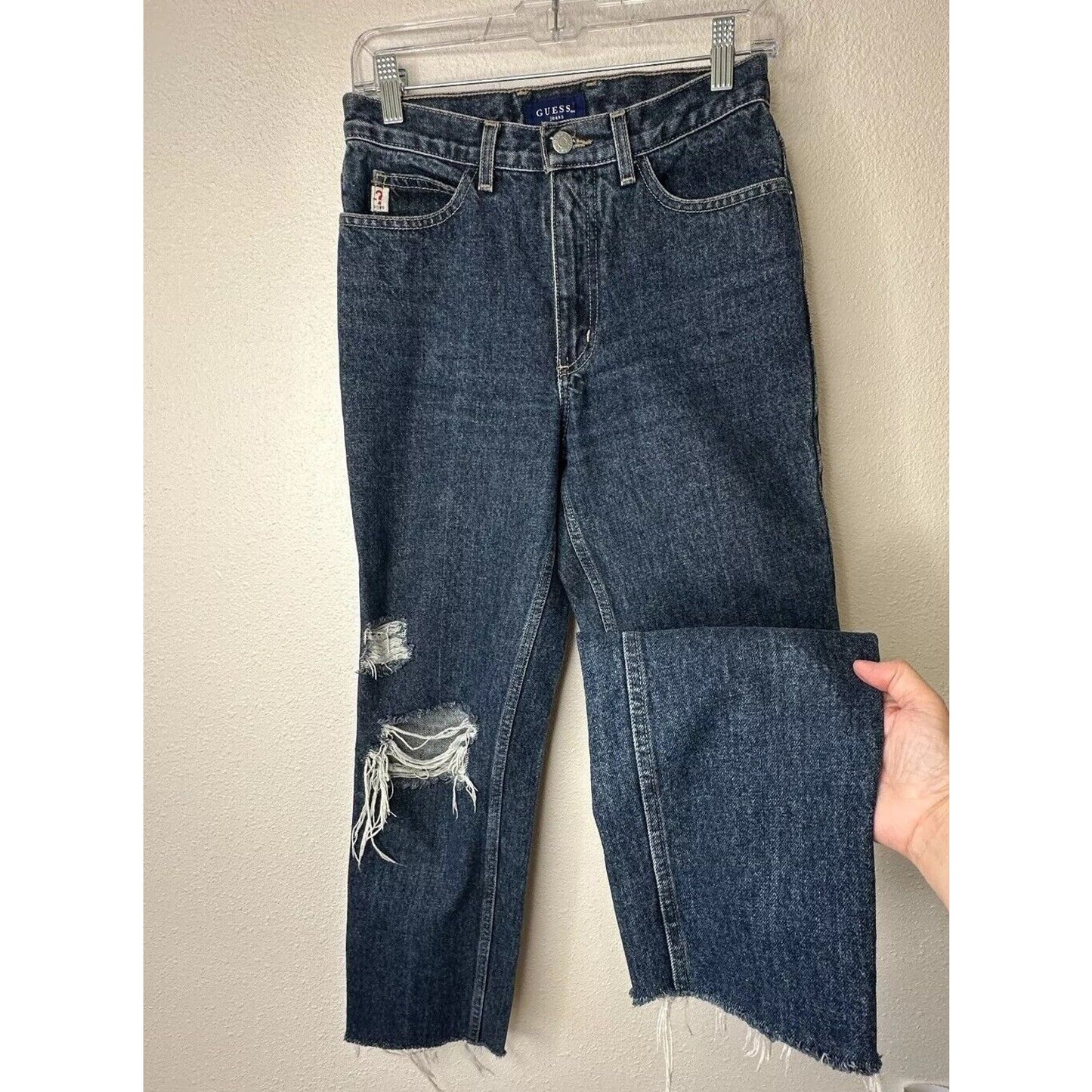 Guess Dark Blue Wash Distressed Slim Leg Raw Hem Denim Jeans 28