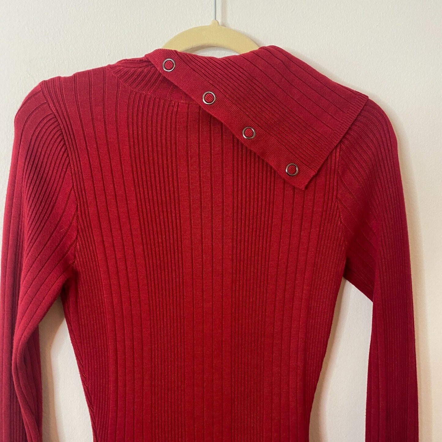 Guess Red Asymmetric Turtle Neck Bodycon Midi Sweater Dress Side Buttons XS