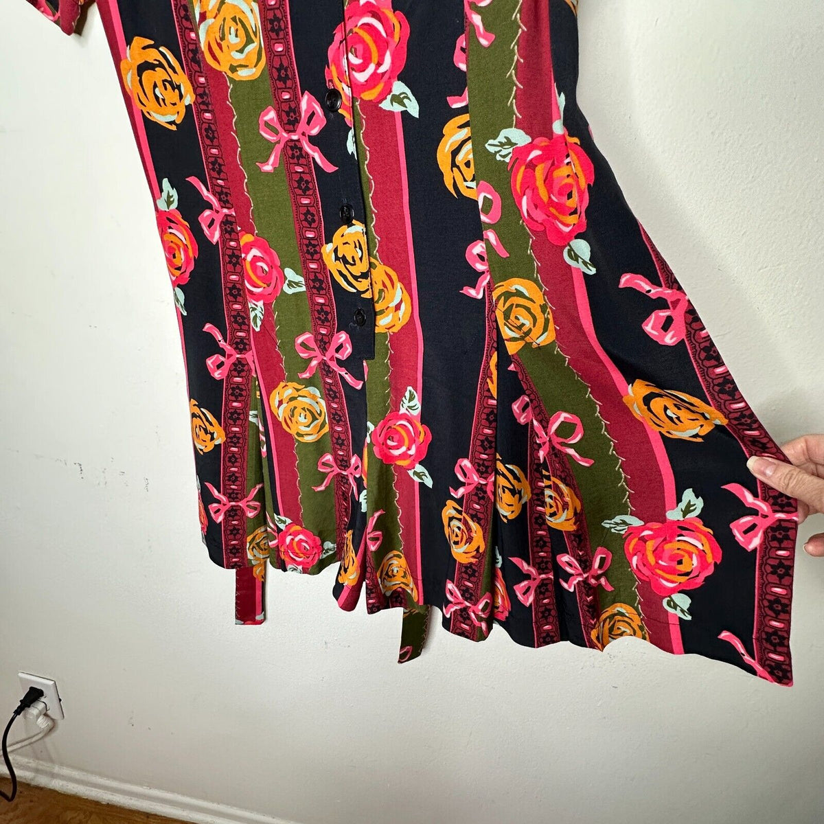 NWT RARE Vintage Dead Stock Black Green Stripe Red Rose Pink Bow Romper Medium