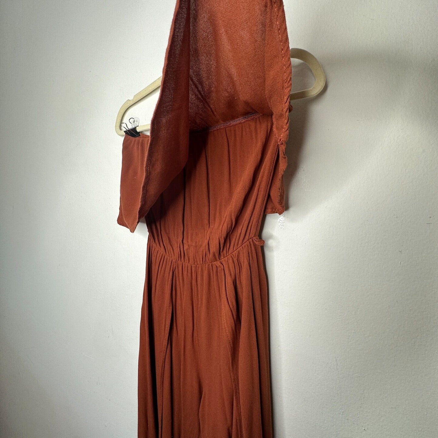 Angl Rust Bronze Brown Bandeau Ruffle Off-Shoulder Harem Slit Pant Jumpsuit SM