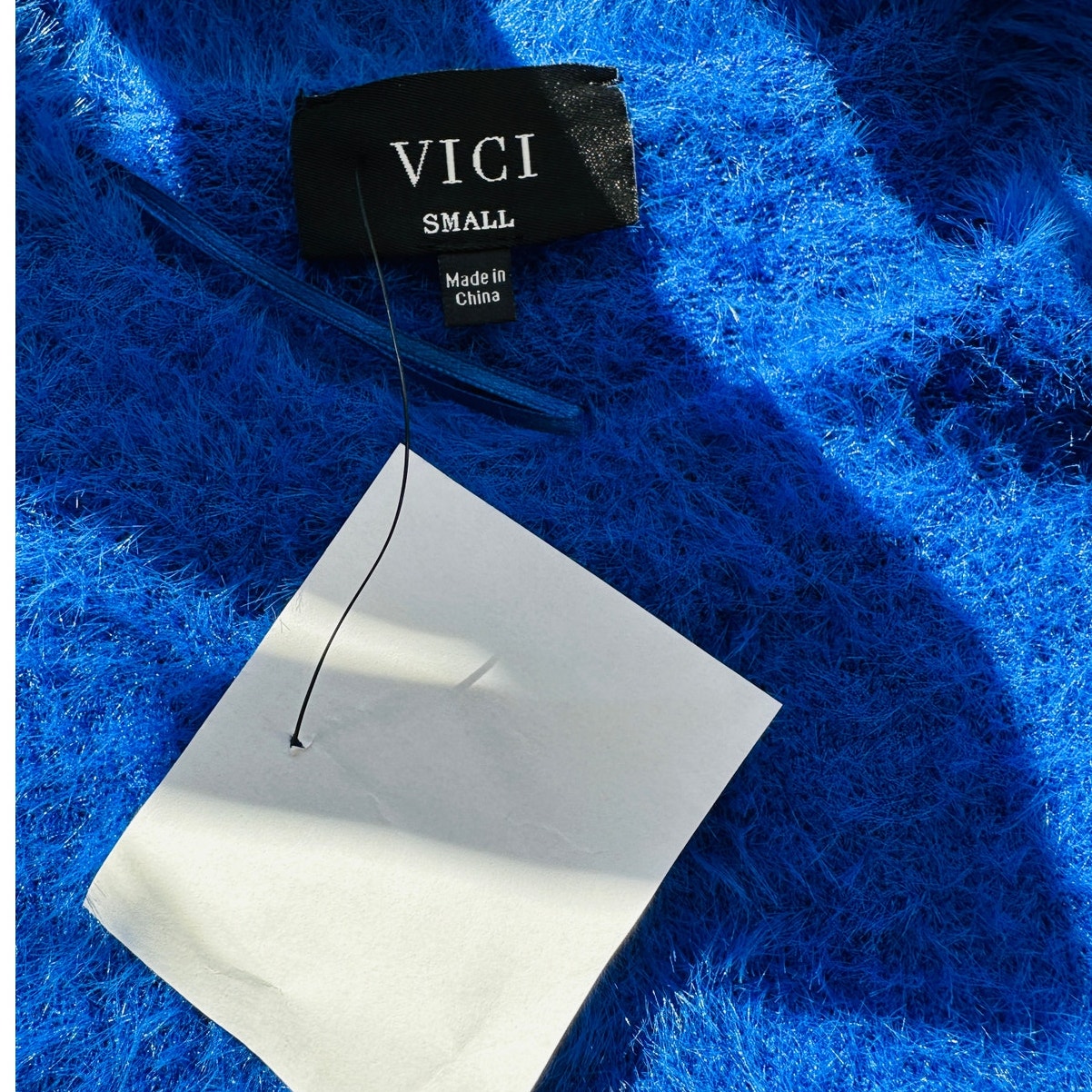 NWT VICI Emanuelle Royal Blue Fuzzy Short Sleeve Sweater Top S