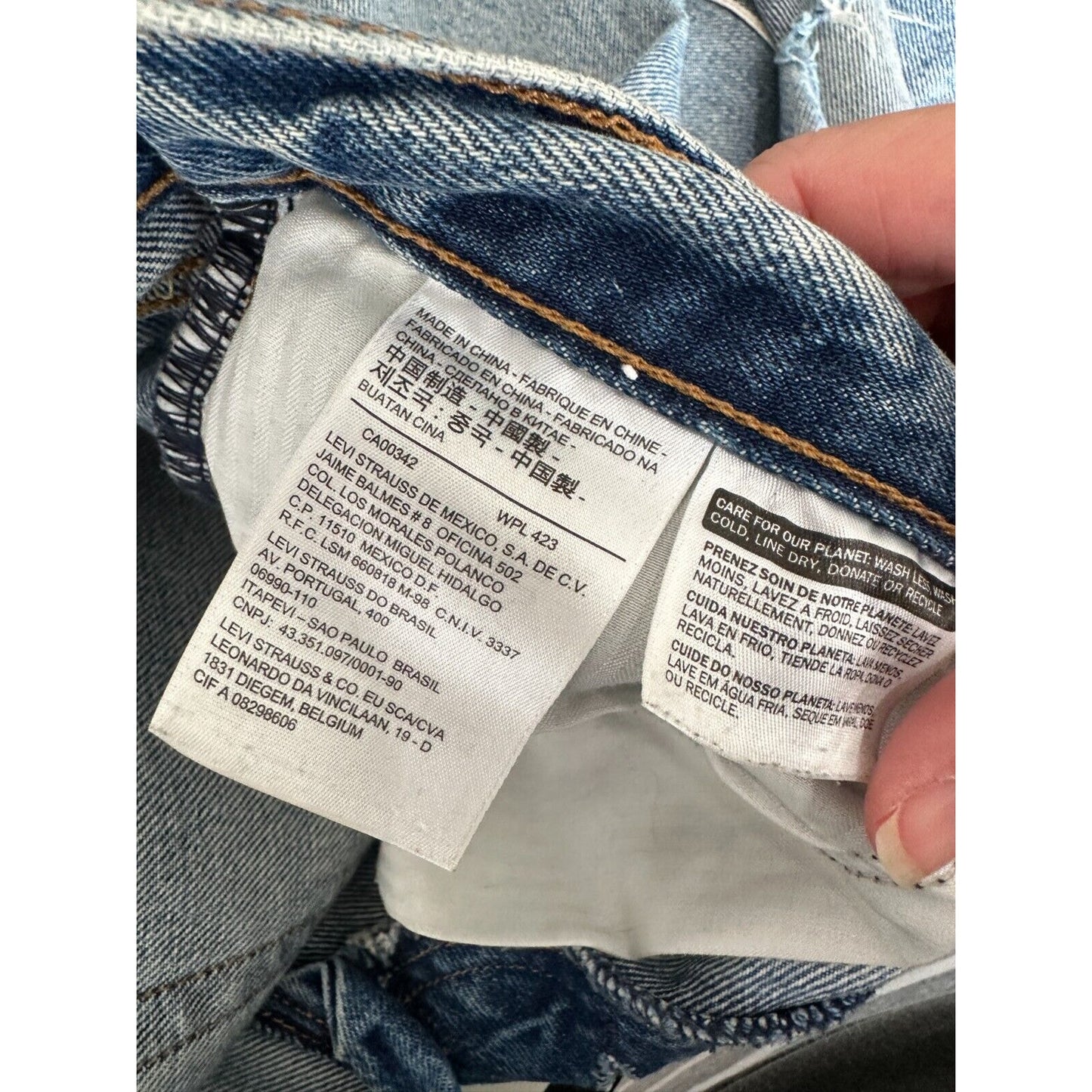 Levis White Oak Cone Denim Light Medium Wash Button Fly Distressed Slim Leg Jean